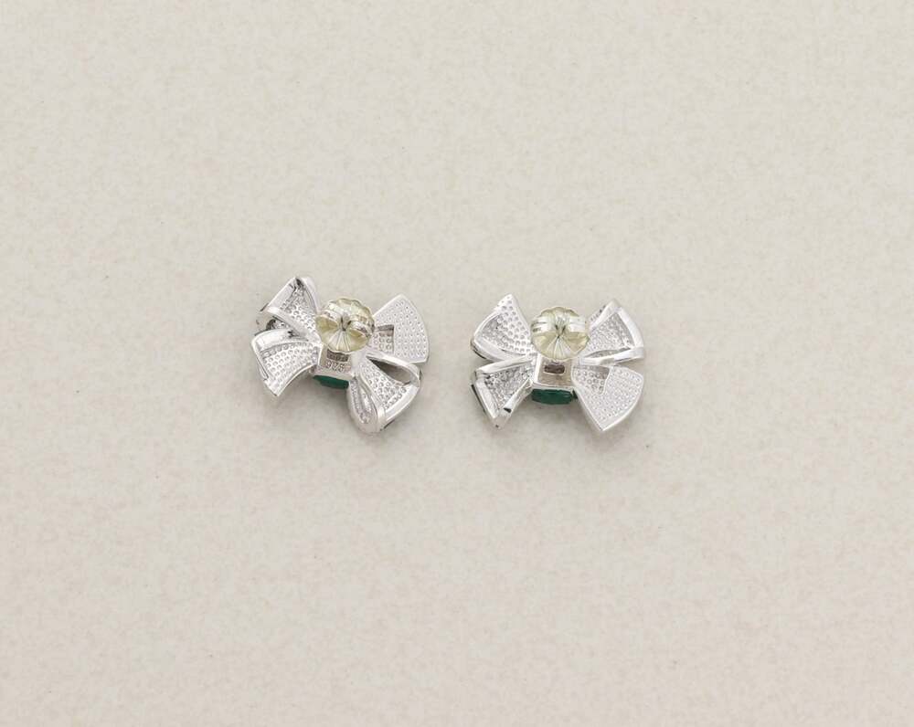 Sterling Silver Green & White Cubic Zirconia Bow Earrings 5/8" x 7/8" inch - Picture 6 of 8